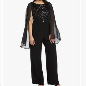 R & M Richards Black Embroidered Sequin Bodice Round Neck Chiffon Cape Jumpsuit